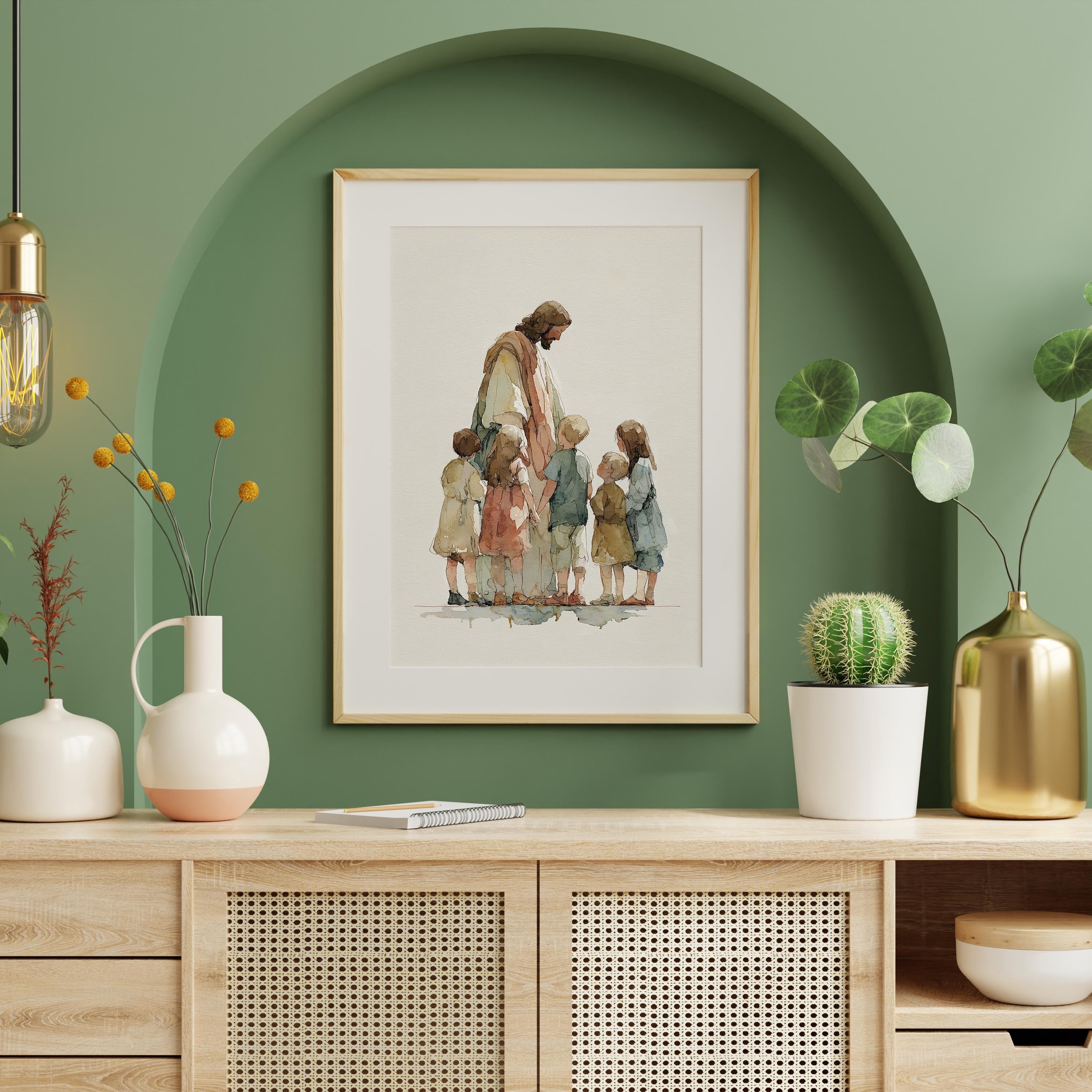 .Jesus with Children Poster, Christian Nursery Wall Art, Bible Story Print Art, Christian Printable for Kid
